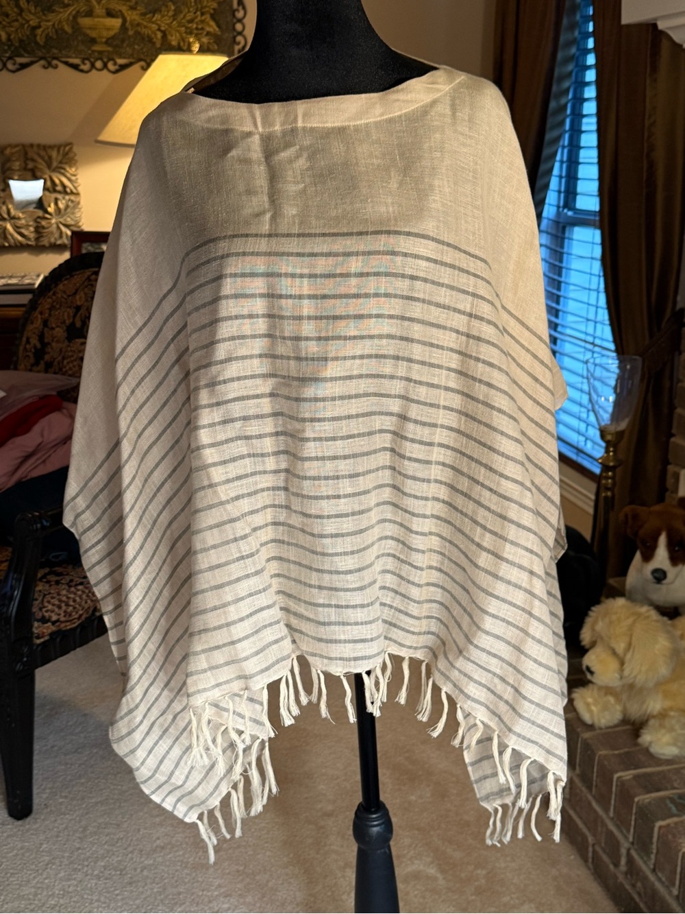 J. Jill Cream Striped Fringe Poncho